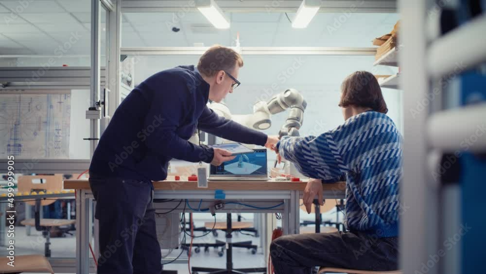 Poster Computer Science Specialist Discuss Optimisation of Autonomous Manufacturing Facility with Chief Engineer and Developing Program for Motion of Robotic Arm. Innovative Startup Company. Slow Motion