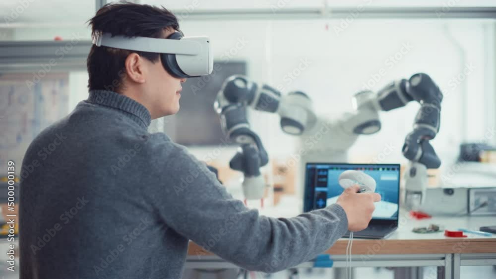 Aufkleber Computer Science Specialist in Virtual Reality Headset Holding Controllers and Moving Bionic Claw Under his Control. Man Developing Program for Motion of Robotic Arm. Innovative Technologies Concept