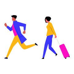 Isolated characters. Men and women are running, rushing to the plane, work, on important matters. Bright cartoon flat illustration.