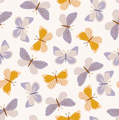 Seamless pattern of different butterfly. Hand-drawn vector insects, isolated on beige background. Spring season concept, Easter, nature.
