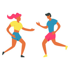 Fototapeta na wymiar Isolated characters. Boy and girl. Runners. Athletes. Colorful cartoon flat illustration.