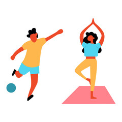 Fototapeta na wymiar Isolated characters. Girl and boy. Football and yoga. Colorful cartoon flat illustration.
