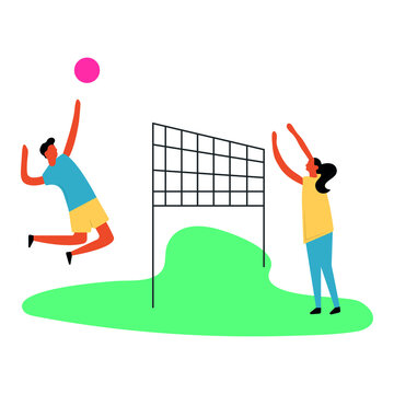 Isolated characters. Sports game of volleyball, pioneer ball. Girl and boy. Net. Bright cartoon flat illustration.