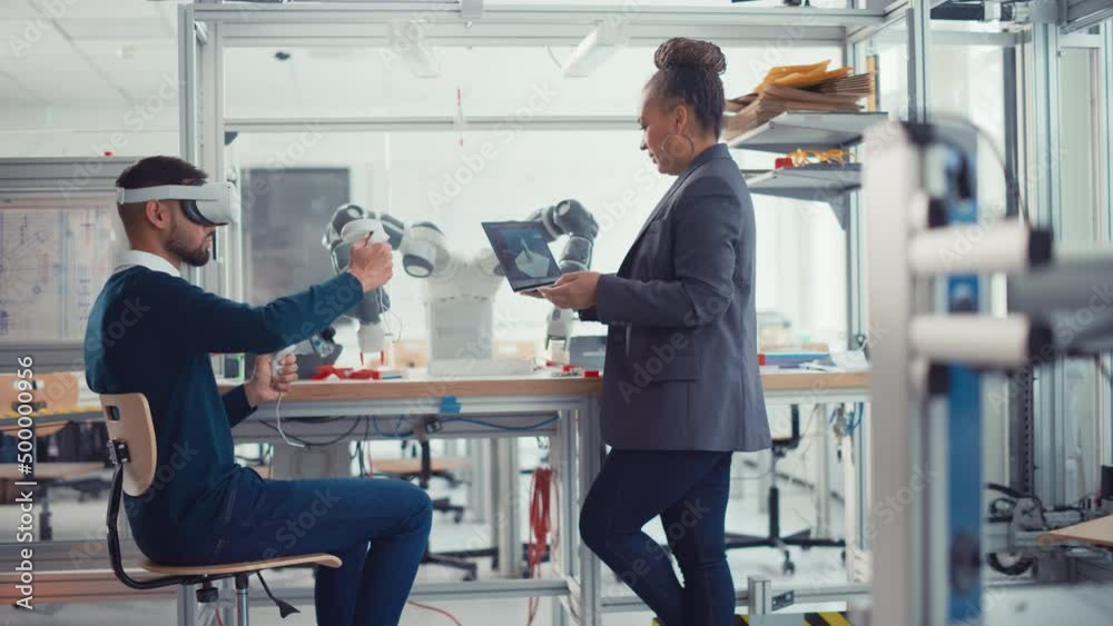 Poster Black Chief Engineer with Laptop Giving Advices to Future Developer in VR Headset, Uses Technology and Prototyping in CAD Software with Controllers on Computer. Augmented Reality Concept