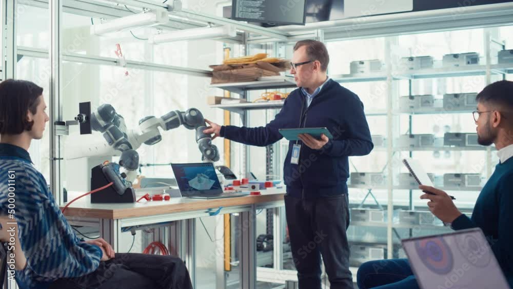 Fototapete Advanced Robotics Technology Start-up Chief Engineer Presents Innovative Robot Arm at Closed Conference. Futuristic Autonomous Design of AI Robot Hand, Helping to Automate Factory Working