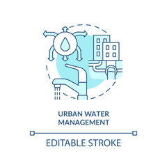 Urban water management turquoise concept icon. Conserving urban biodiversity abstract idea thin line illustration. Isolated outline drawing. Editable stroke. Arial, Myriad Pro-Bold fonts used