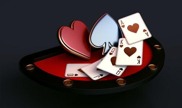 casino teble cards poker balckjack baccarat and chips gold  3d render 3d rendering illustration 