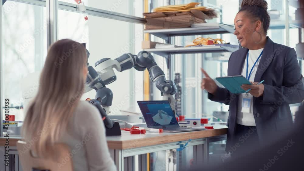 Aufkleber Female Computer Science Specialist Raise Hand and Ask Black Mentor while Creates Great Products. Diverse Group of Young Engineers Programming Robotic Hand. Computer Science Concept