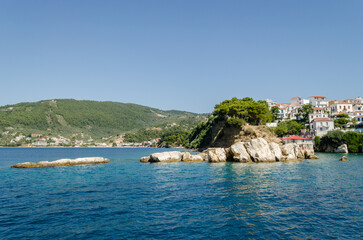 Panorama of the tourist island of Skiathos in Greece.