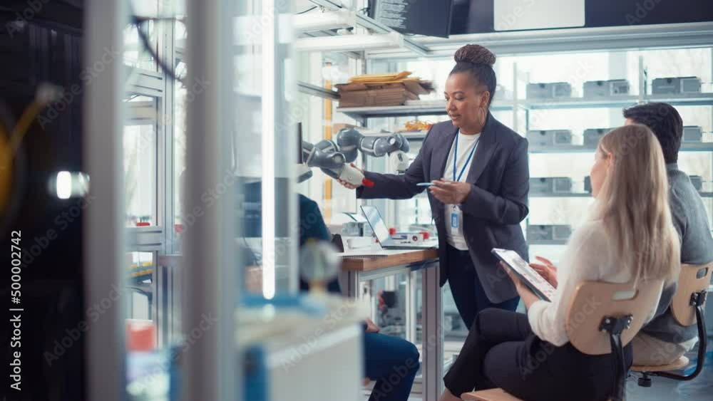Poster multi-ethnic office conference room. female developer does presentation for group of scientists talk