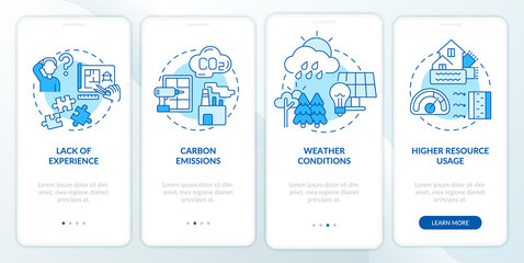 Fototapeta na wymiar Zero emission building drawbacks blue onboarding mobile app screen. Walkthrough 4 steps graphic instructions pages with linear concepts. UI, UX, GUI template. Myriad Pro-Bold, Regular fonts used