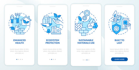 Fototapeta na wymiar Advantages of sustainable architecture blue onboarding mobile app screen. Walkthrough 4 steps graphic instructions pages with linear concepts. UI, UX, GUI template. Myriad Pro-Bold, Regular fonts used
