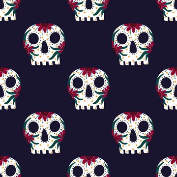 Seamless sugar skulls pattern for fabrics and textiles and packaging and gifts and wrapping paper