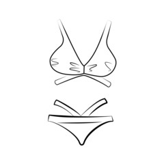 Hand drawn bikini. Sketch of a women's swimsuit for summer vacation on the beach. Black outline on a white background. Vector