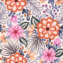 Fototapeta na wymiar Seamless pattern with flowers. Illustration on a bright background. Design for textiles, souvenirs, fabrics, packaging and greeting cards and more.