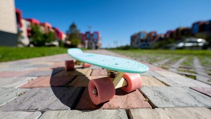 Close-up of a penny board outdoors on a warm summer day.