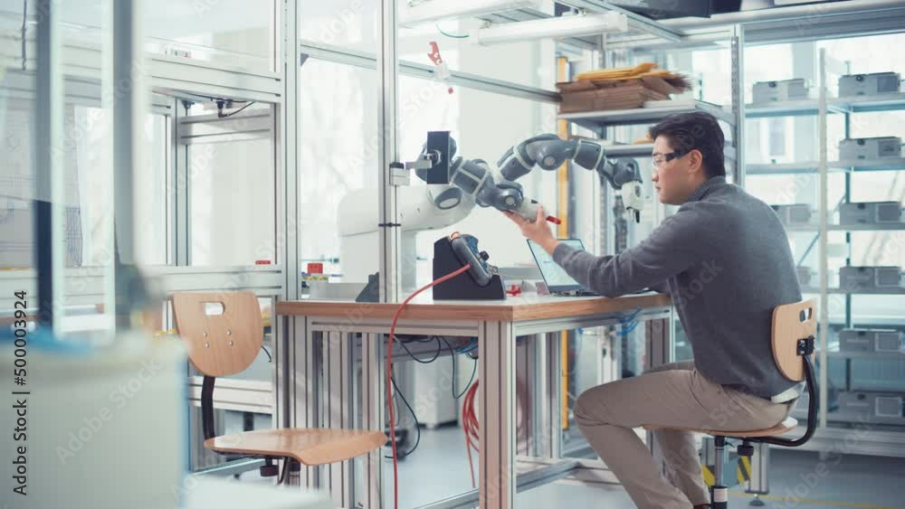 Leinwandbilder Asian Engineer Control Robotic Arm with Control Panel while Develop Program on Laptop. Robotics engineer Design Plans and Processes Needed to Build Robots. Computer Science Concept