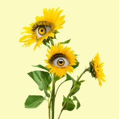 Funny bush. Yellow camomile flowers with an eye inside it on light background. Modern design. Contemporary art. Beauty, art, vision, fashion. Surrealism - obrazy, fototapety, plakaty