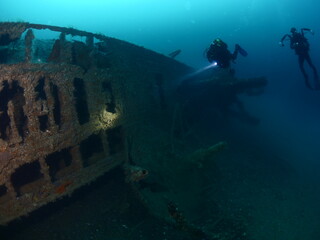 Naklejka na ściany i meble german u boat 23 wreck underwater world war II wwII metal on ocean floor black sea turkey scuba divers to explore
