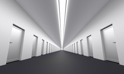 White corridor with many doors. 3D render.