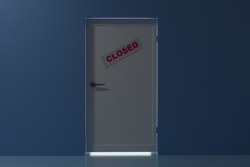 Closed door with a sign. A white door with a light on. Dead end, hopelessness concept. 3D render.