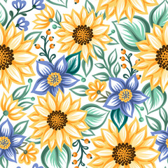 Fototapeta na wymiar Floral seamless pattern with decorative sunflowers