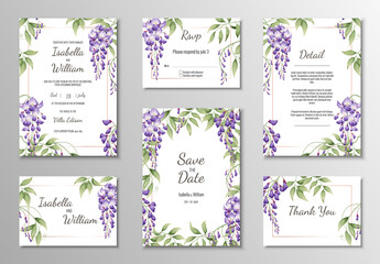 Fototapeta na wymiar Set of wedding templates, banners, invitations for the holiday.Beautiful postcard decor with purple wisteria