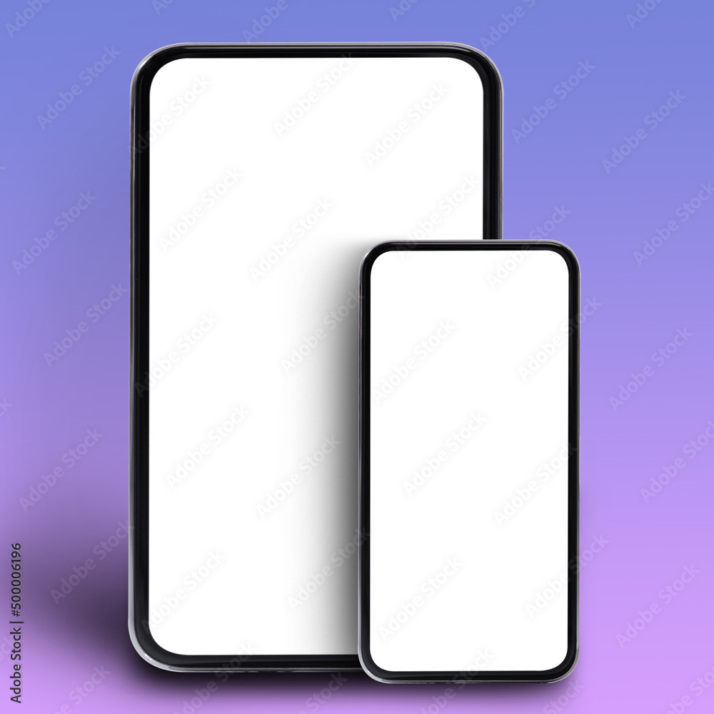 Poster shot of smartphone and tablet empty screens over purple background