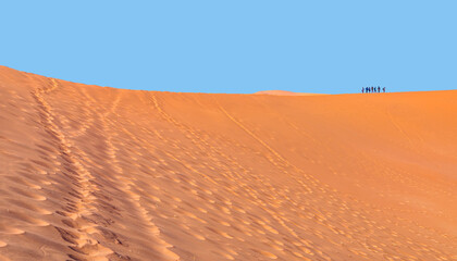 Naklejka premium Panoromic view of Dead Vlei in Namib desert, peoples climbing to top of dune, Namibia, Southern Africa landscape