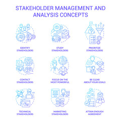 Stakeholder management and analysis blue gradient concept icons set. Identify interests idea thin line color illustrations. Isolated symbols. Roboto-Medium, Myriad Pro-Bold fonts used