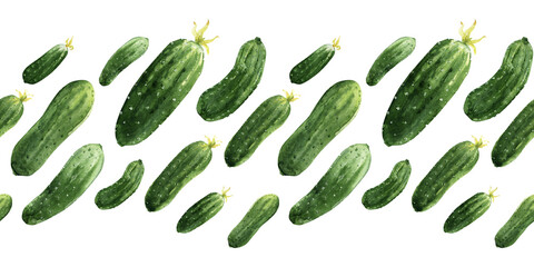 Watercolor seamless border with seasonal vegetables, tomatoes and cucumbers