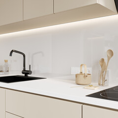 Mockup in kitchen interior background, light beige, modern  style, 3d render