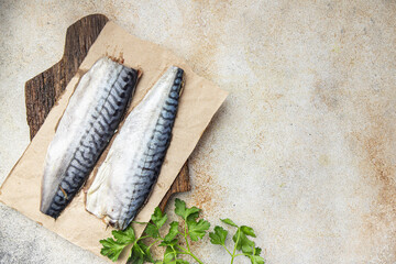 mackerel fish fresh seafood healthy meal food diet snack on the table copy space food background...