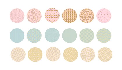 Set of round abstract colorful backgrounds or patterns. Spots, drops, curves, lines.