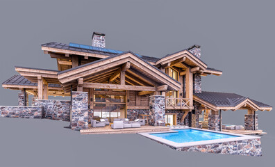 3d rendering of modern cozy chalet with pool and parking for sale or rent. Massive timber beams columns. In the evening. Isolated on gray