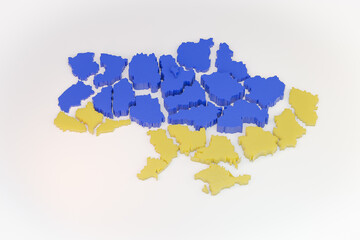 Ukraine separated by regions for war infographic. Blue and yellow colors. Included Donbass and Crimea 3d Rendering