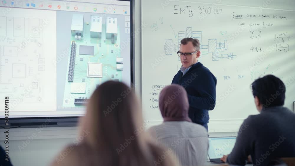 Aufkleber Male Educator Use projection screen  and Explain to Diverse Students About Computer Motherboard Components while Point at it. Education, Computer Science and High Tech Concept. Slow Motion