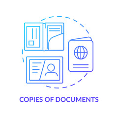 Copies of documents blue gradient concept icon. Things to pack for surviving. Survival bag abstract idea thin line illustration. Isolated outline drawing. Myriad Pro-Bold font used