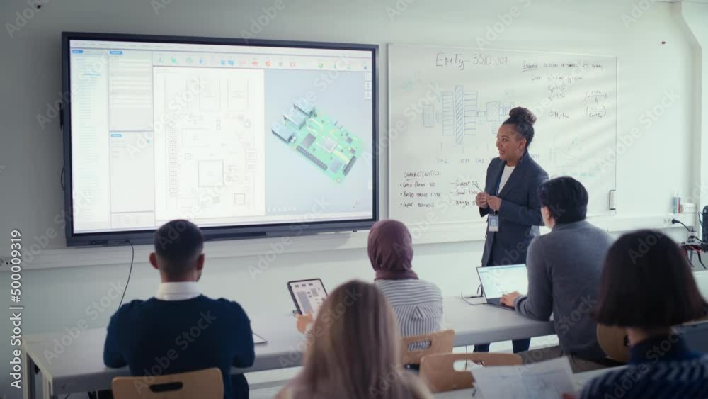 Aufkleber Competent Female Educator Use projection screen  and Explain to Diverse Students About Computer Motherboard Components while Point at it. Education, Computer Science and High Tech Concept