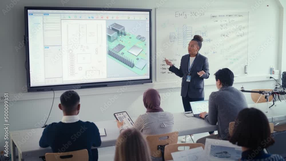 Poster black female teacher using digital interactive screen,talk to group of diverse students and showing 