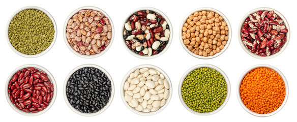 Set of different legumes in bowl isolated on white background.