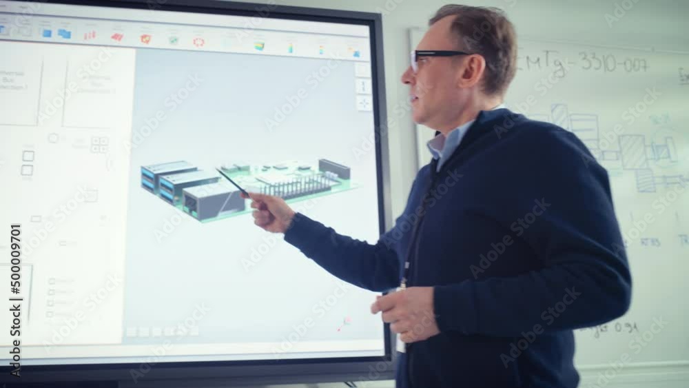 Poster male teacher use digital screen, talk to people and show 3d computer motherboard components at colle