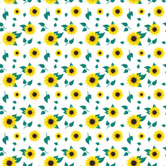 Seamless pattern with yellow sunflowers and green leaves on white background. Print with element of nature, plant for decoration and design. Vector flat illustration