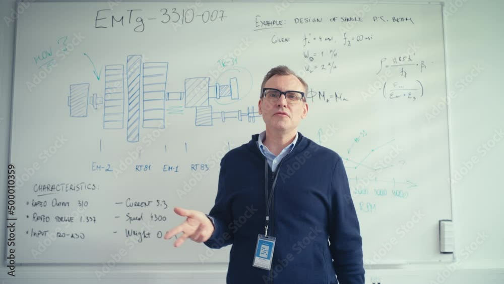 Poster professional male teacher hold presentation, uses whiteboard with statistical charts to illustrate w