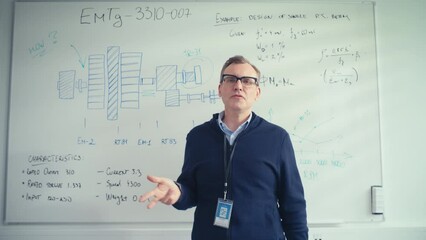 Professional Male Teacher Hold Presentation, Uses Whiteboard with Statistical Charts to Illustrate Working Methods During Video Call. E Learning and Education Concept