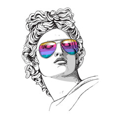 Apollo Plaster head statue in a rainbow glasses. Hymor poster, t-shirt composition, hand drawn style print. Vector illustration.