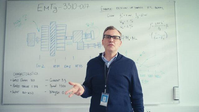 Professional Male Teacher Hold Presentation, Uses Whiteboard with Statistical Charts to Illustrate Working Methods During Video Call. E Learning and Education Concept