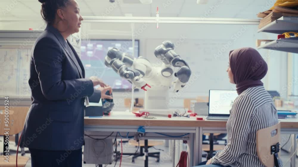 Poster Arabic Future Engineer Ask Female Professor while Developing Programme for Automated Robotic Systems. Black Woman Manipulating Robot Arm. Autonomous Facility Optimisation Concept