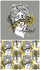 Set of print and seamless wallpaper pattern. Apollo Plaster head statue with a flowers, buds and leaves. Textile composition, t-shirt design, hand drawn style print. Vector illustration.