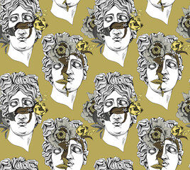 Seamless wallpaper pattern. Apollo Plaster head statue with a flowers, buds and leaves. Textile composition, t-shirt design, hand drawn style print. Vector illustration.